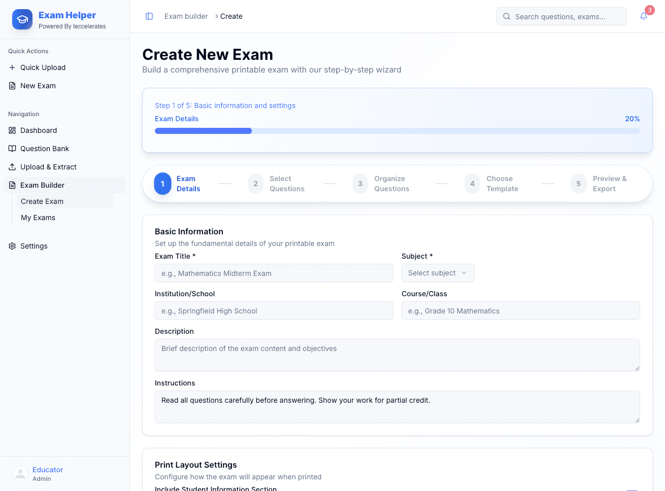 Exam Helper Screen